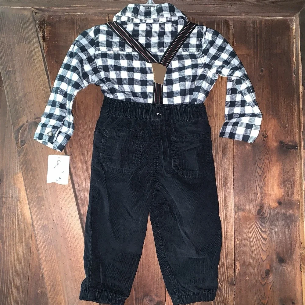 Carter's Baby Boy's 3pc Checker Bodysuit Suspenders &‎ Corduroy Pants 9mo NWT